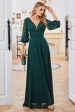 Verde escuro A-line mangas longas V-neck mãe de vestido de noiva