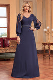 A-Line Mangas Longas Vestido Marinho Mãe da Noiva com Missangas