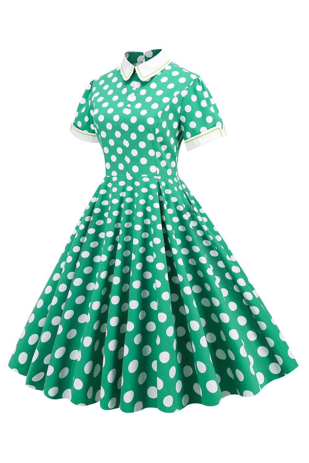 Vestido vintage verde ponto branco com mangas curtas
