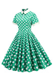 Vestido vintage verde ponto branco com mangas curtas
