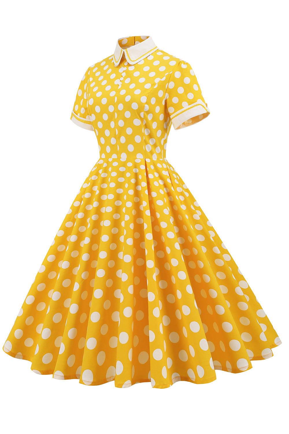 Vestido amarelo polka dots primavera 1950