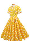 Vestido amarelo polka dots primavera 1950