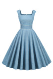 Vestido amarelo do pescoço quadrado de 1950