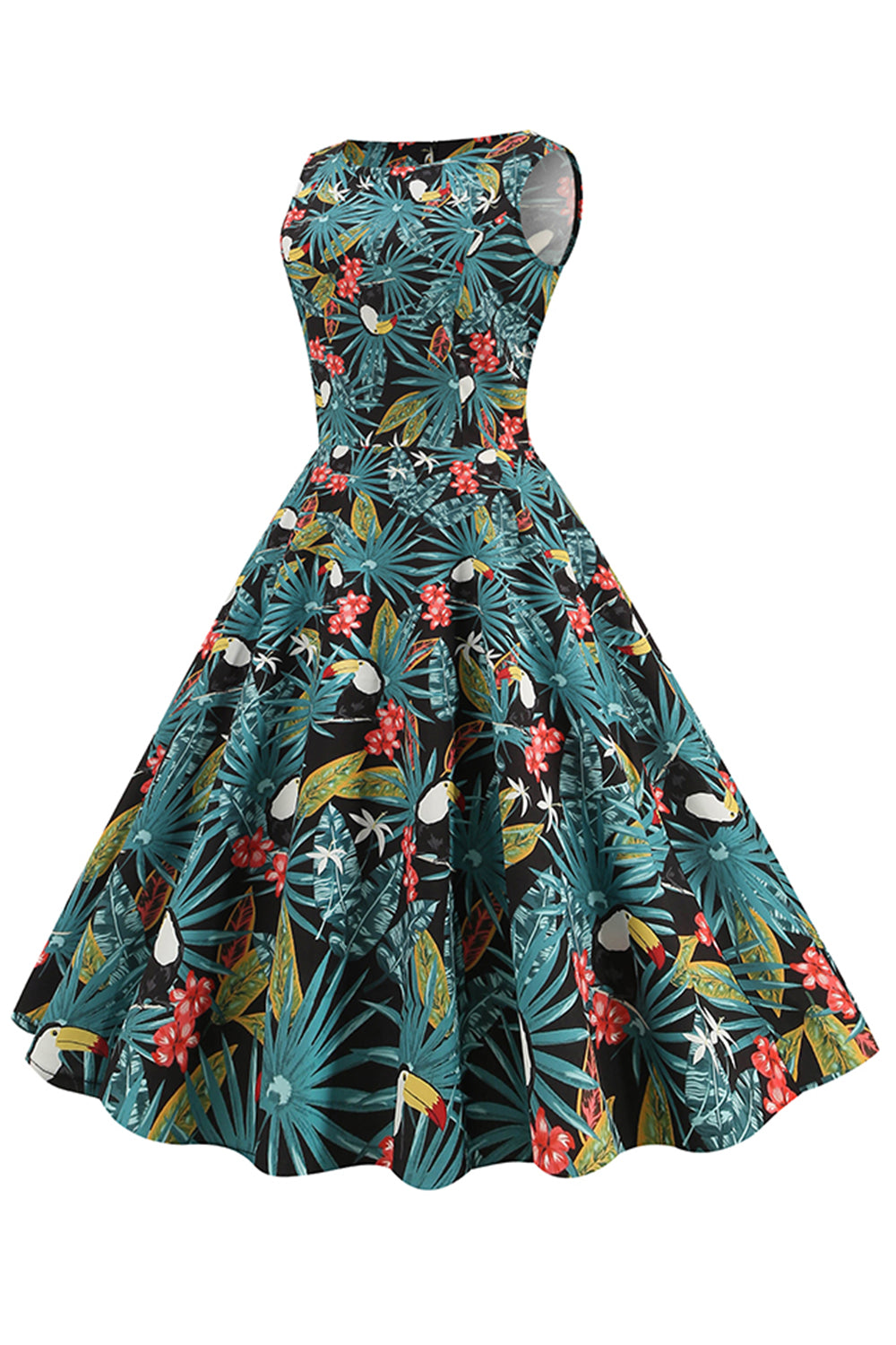 Folhas verdes imprimir vintage 1950s vestido