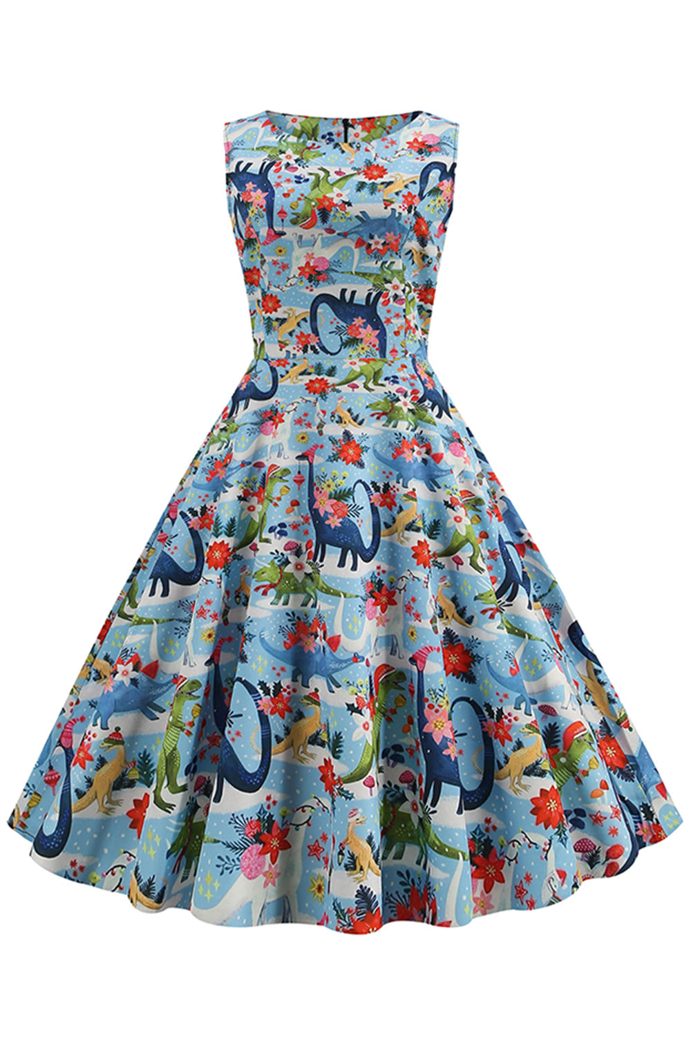 Vestido floral azul claro dos anos 50