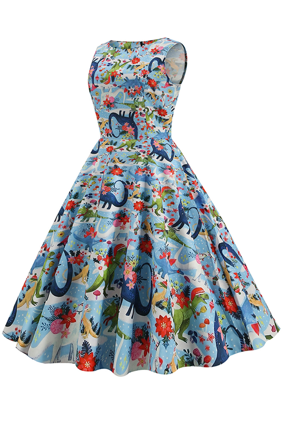 Vestido floral azul claro dos anos 50