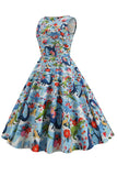 Vestido floral azul claro dos anos 50