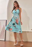 V Pescoço Claro Azul 1950 Vintage Vestido