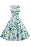 V Pescoço Claro Azul 1950 Vintage Vestido