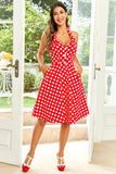 Halter Vermelho Botão Pontos de Polka 1950s Vestido
