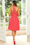 Halter Vermelho Botão Pontos de Polka 1950s Vestido