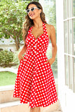 Halter Vermelho Botão Pontos de Polka 1950s Vestido