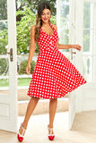 Halter Vermelho Botão Pontos de Polka 1950s Vestido
