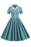Vintage V Pescoço Azul Xadrez 1950 Vestido