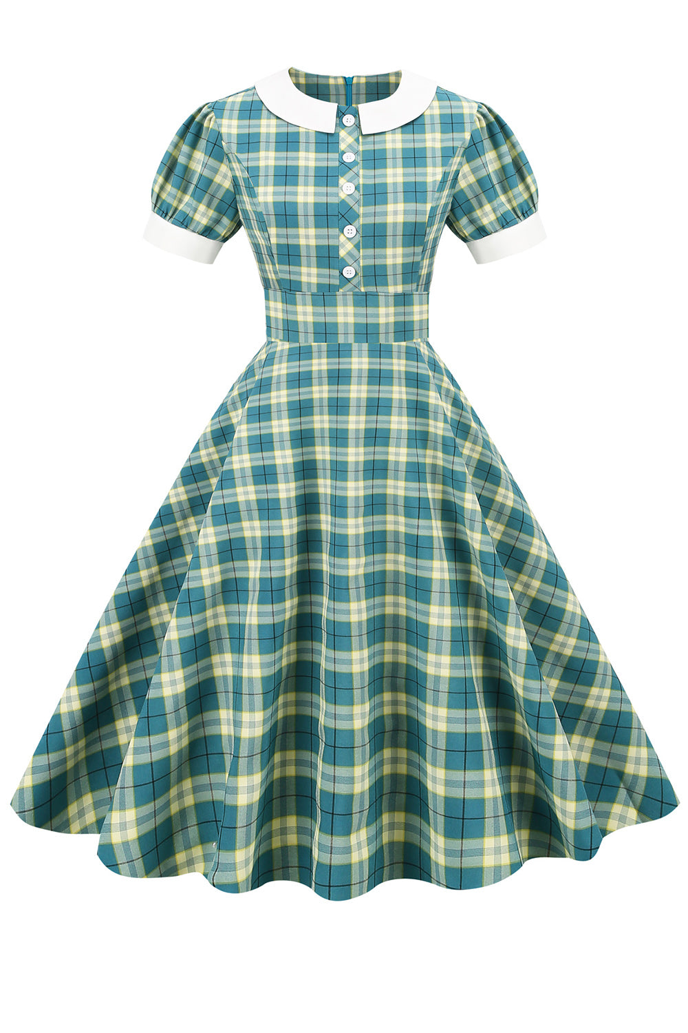 Vestido de rede verde de pescoço de joias de 1950 com mangas curtas