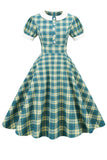 Vestido de rede verde de pescoço de joias de 1950 com mangas curtas