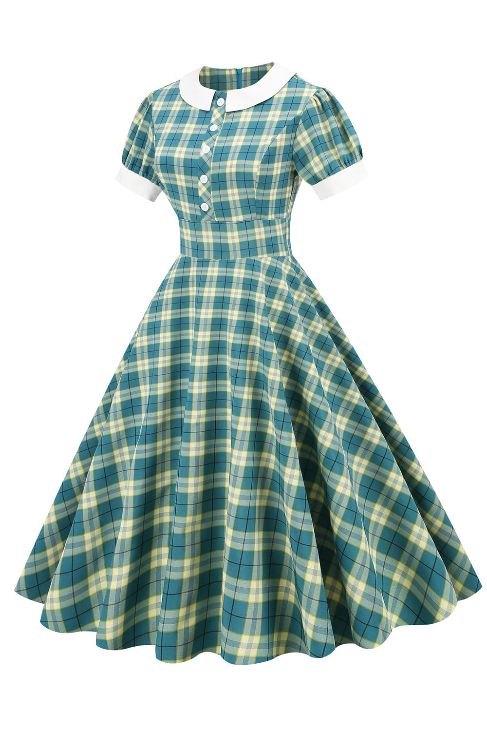 Vestido de rede verde de pescoço de joias de 1950 com mangas curtas