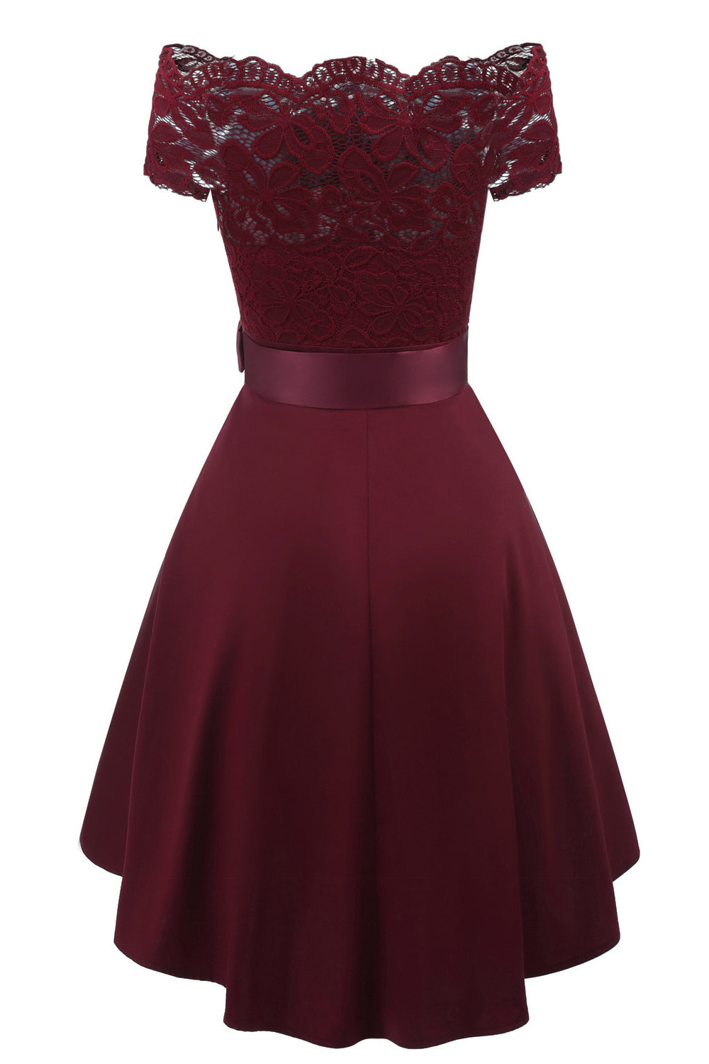Uma linha fora do ombro borgonha vestido de renda com Bowknot
