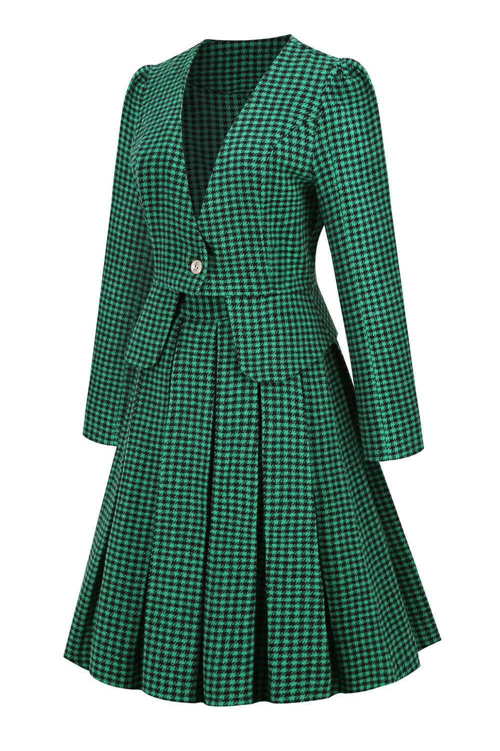 Um vestido vintage xadrez de grade v pescoço verde