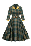 V Pescoço Verde Vestido Vintage com 3/4 Mangas