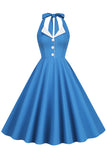 1950s Vestido Azul Halter A-Line