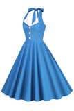 1950s Vestido Azul Halter A-Line