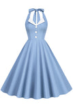 1950s Vestido Azul Halter A-Line