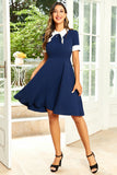 Hepburn estilo joia pescoço marinha 1950 vestido com bowknot