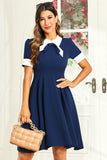 Hepburn estilo joia pescoço marinha 1950 vestido com bowknot