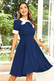 Hepburn estilo joia pescoço marinha 1950 vestido com bowknot