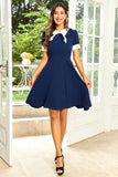 Hepburn estilo joia pescoço marinha 1950 vestido com bowknot