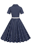 V Pescoço Azul Pontos de Polka 1950s Vestido