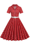 V Pescoço Azul Pontos de Polka 1950s Vestido