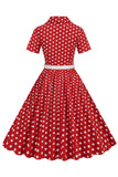 V Pescoço Azul Pontos de Polka 1950s Vestido