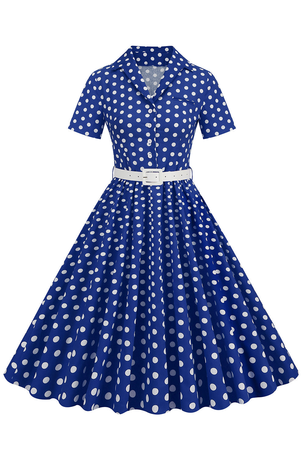 V Pescoço Azul Pontos de Polka 1950s Vestido