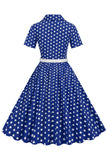 V Pescoço Azul Pontos de Polka 1950s Vestido