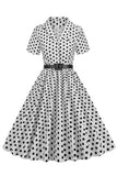 V Pescoço Azul Pontos de Polka 1950s Vestido