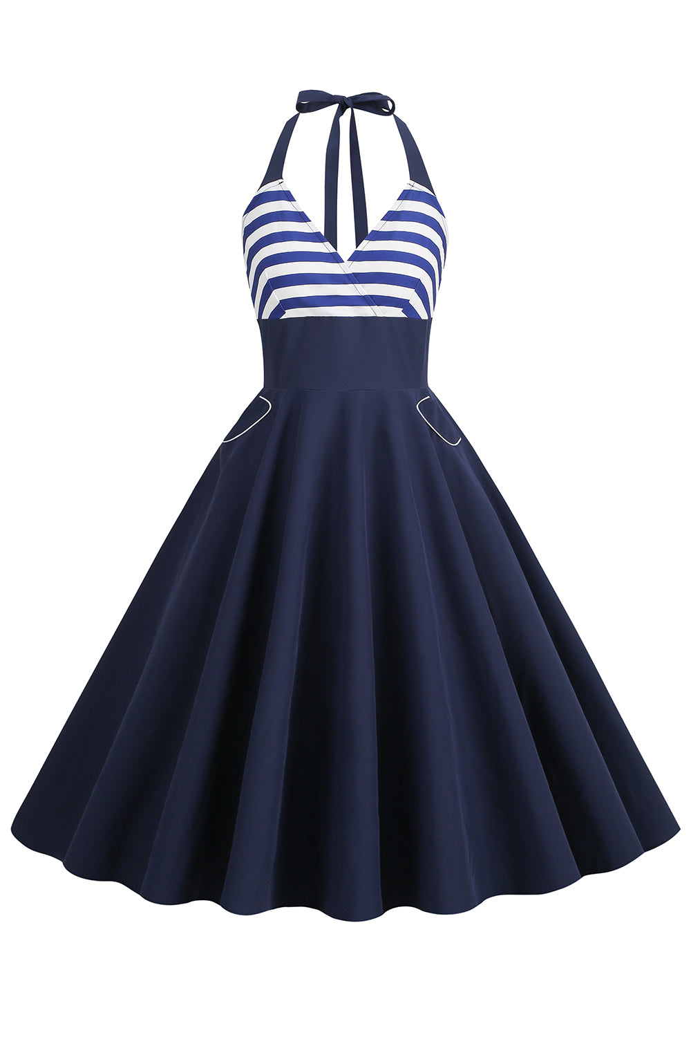 Halter Listras Azul Swing Vestido Retro Com Bolso