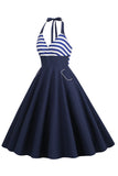 Halter Listras Azul Swing Vestido Retro Com Bolso