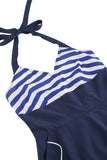 Halter Listras Azul Swing Vestido Retro Com Bolso