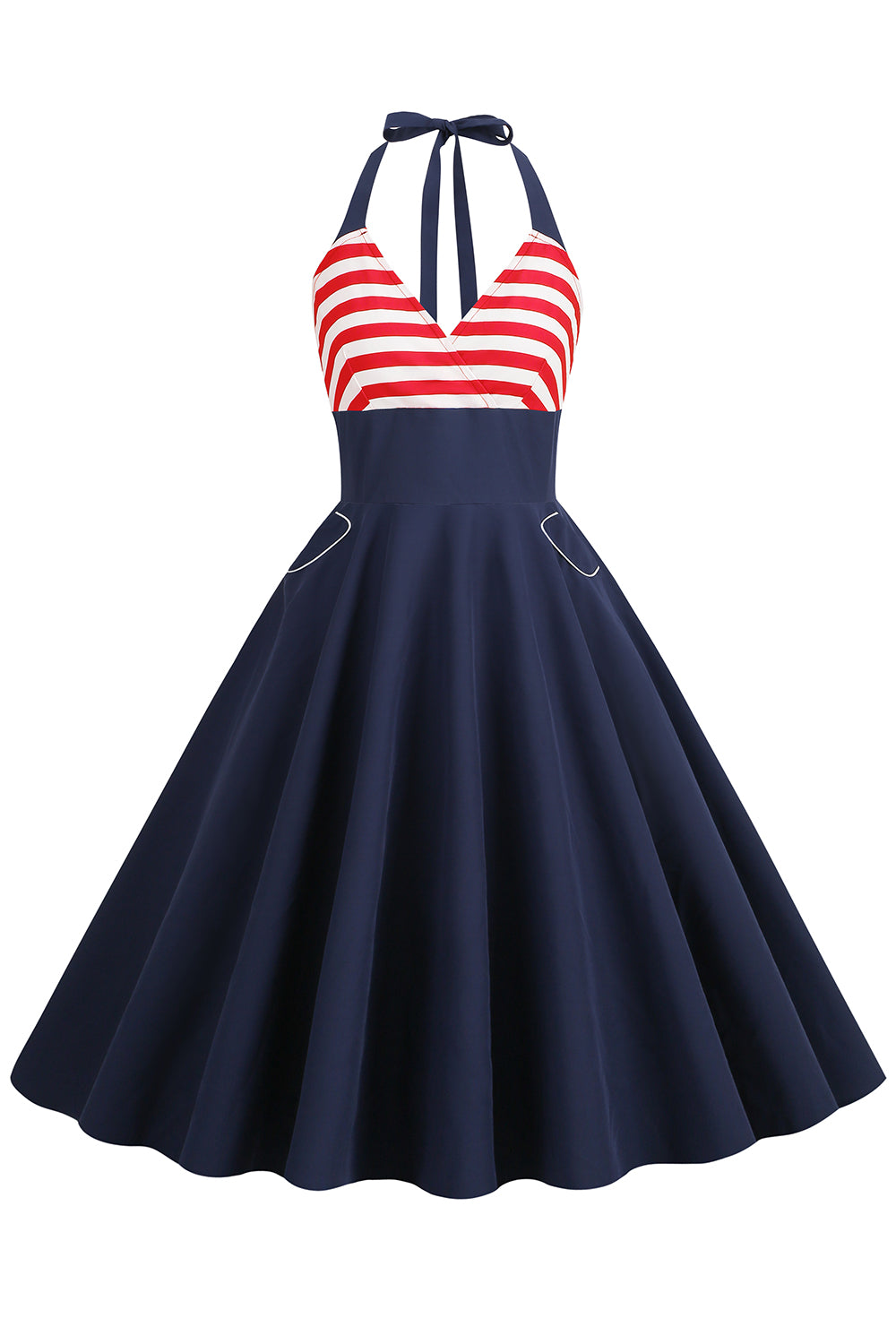 Halter Listras Azul Swing Vestido Retro Com Bolso
