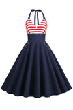 Halter Listras Azul Swing Vestido Retro Com Bolso