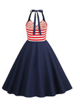 Halter Listras Azul Swing Vestido Retro Com Bolso