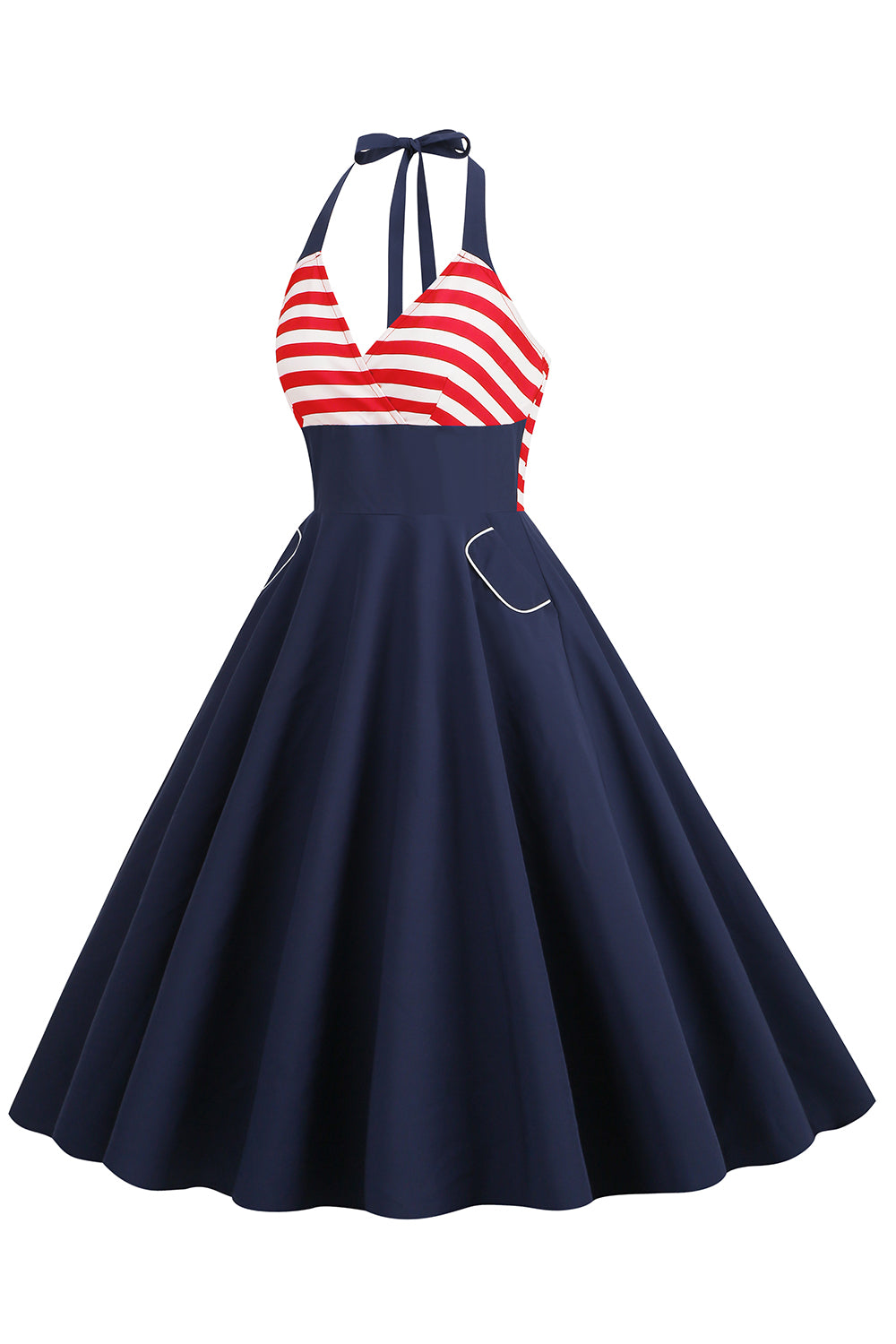 Halter Listras Azul Swing Vestido Retro Com Bolso