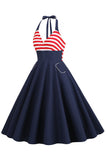 Halter Listras Azul Swing Vestido Retro Com Bolso