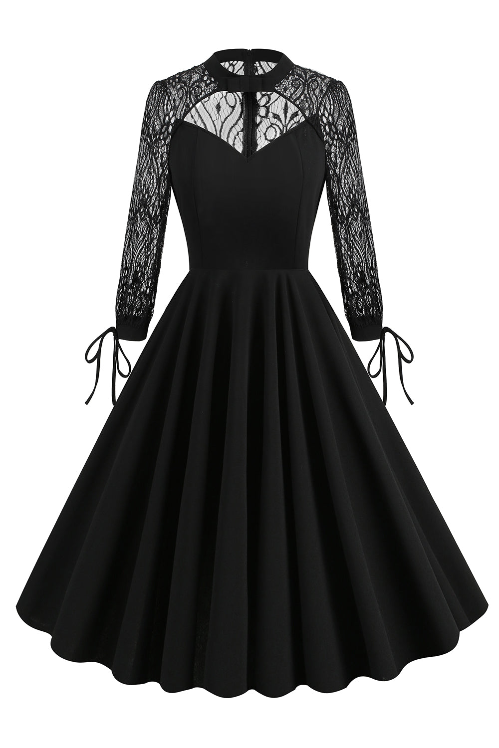 Preto Uma linha de mangas compridas vestido dos anos 1950 com renda