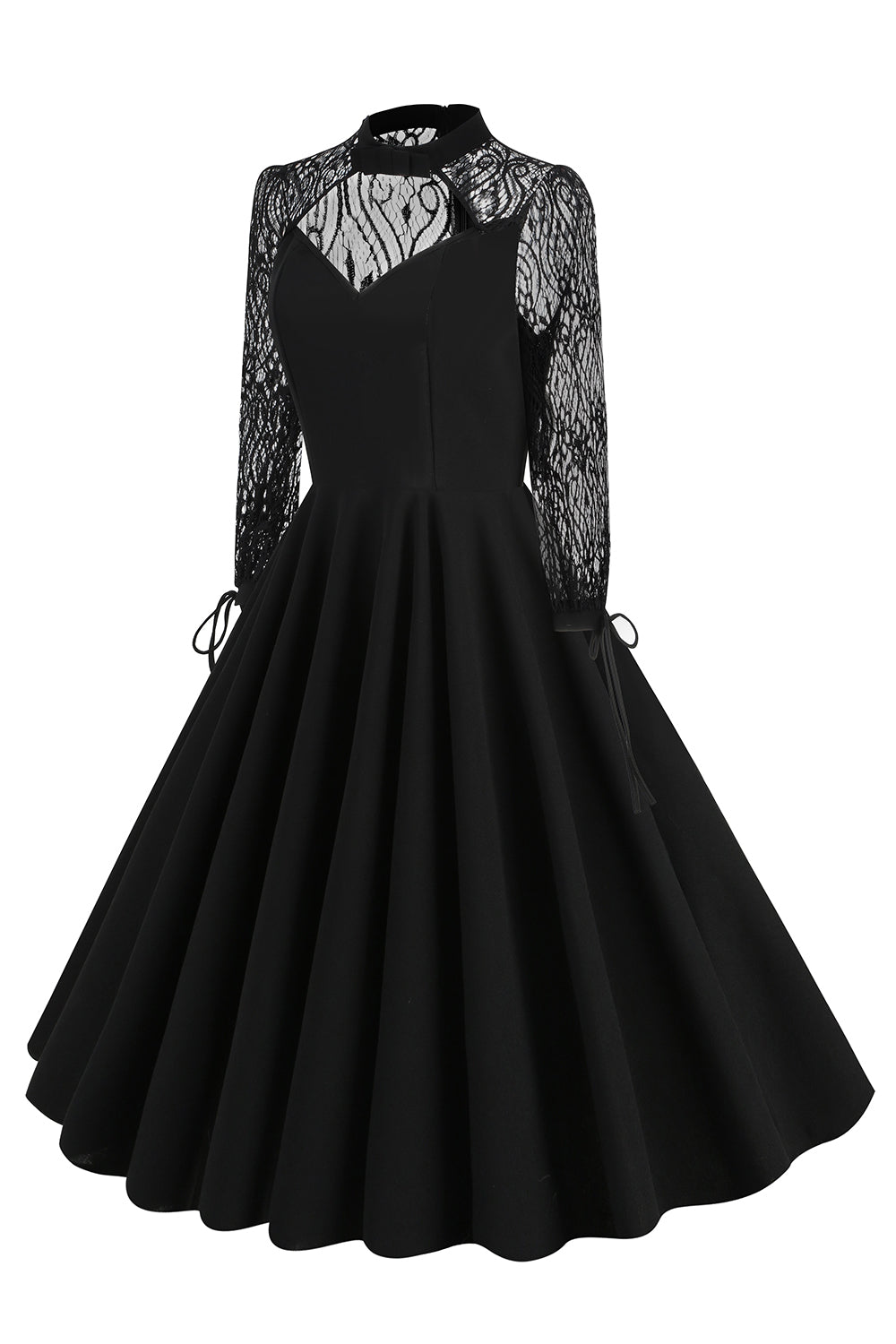 Preto Uma linha de mangas compridas vestido dos anos 1950 com renda