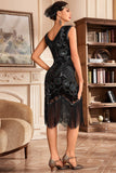 Preto Dourado Trançado Lantejoulas Franjas 1920s Flapper Dress