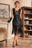 Preto Dourado Trançado Lantejoulas Franjas 1920s Flapper Dress