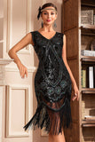 Preto Dourado Trançado Lantejoulas Franjas 1920s Flapper Dress